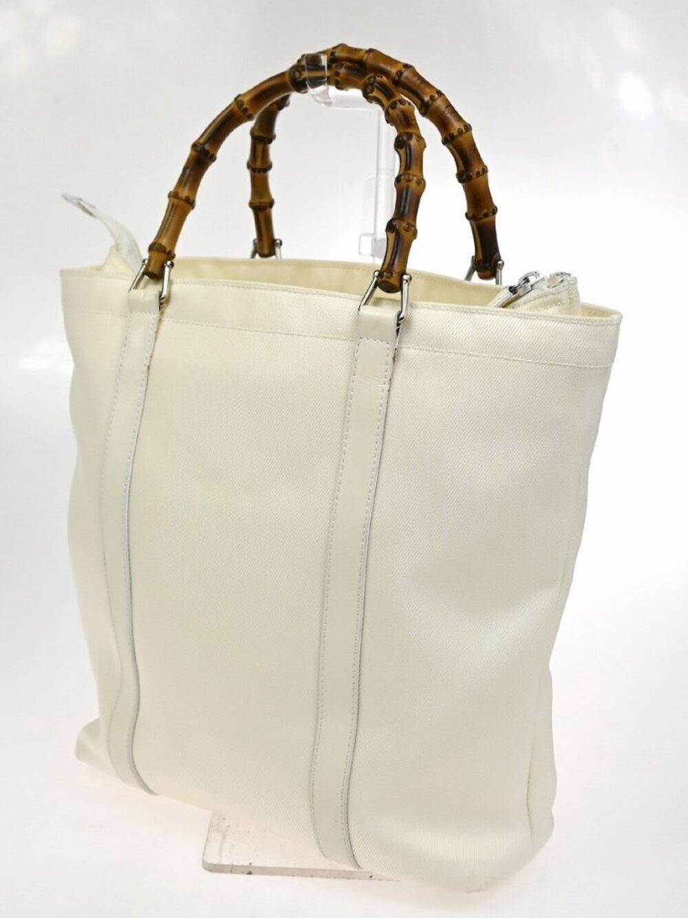 GUCCI Logo Bamboo Tote Handbag Nylon Patent Leather White SHW Italy 66KC967 - Picture 4 of 16
